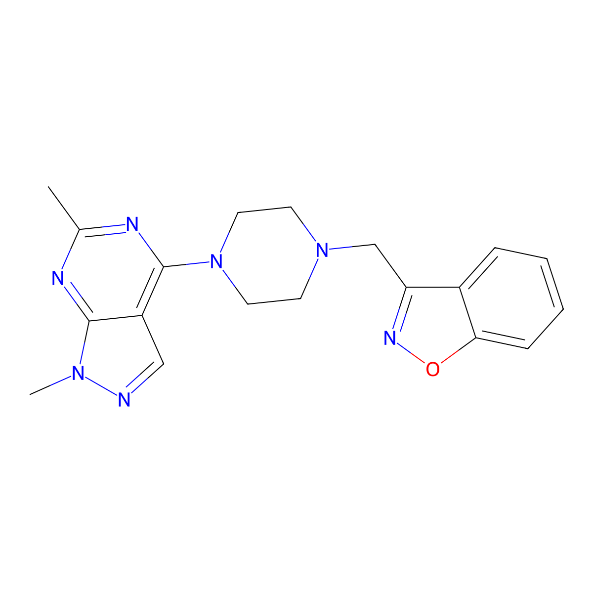 3-[(4-{1,6-dimethyl-1H-pyrazolo[3,4-d]pyrimidin-4-yl}piperazin-1-yl)methyl]-1,2-benzoxazole molecular structure, CAS 3054595-82-0