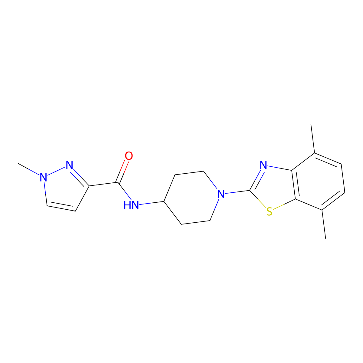N-[1-(4,7-dimethyl-1,3-benzothiazol-2-yl)piperidin-4-yl]-1-methyl-1H-pyrazole-3-carboxamide molecular structure, CAS 3054595-89-7