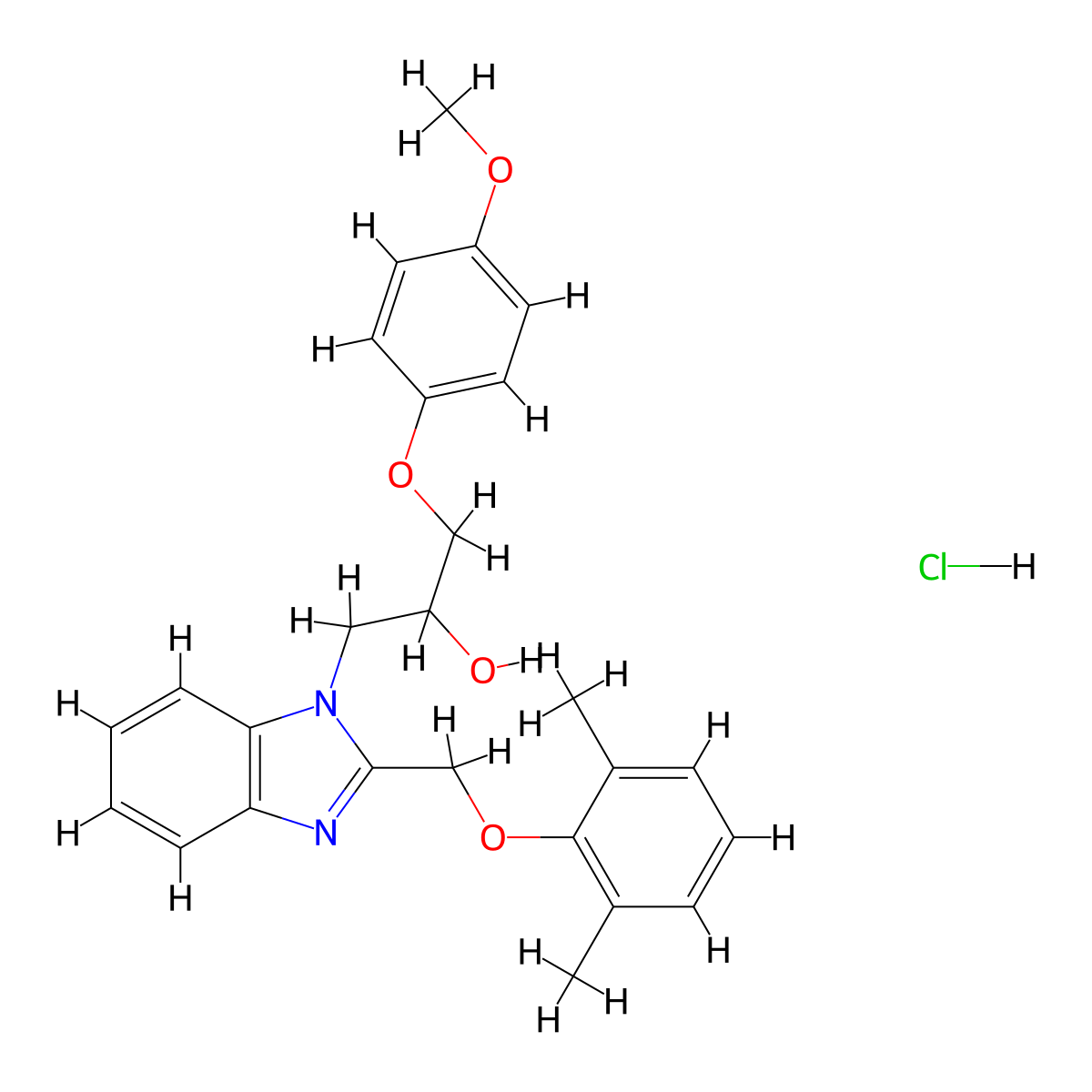 1-{2-[(2,6-dimethylphenoxy)methyl]-1H-1,3-benzodiazol-1-yl}-3-(4-methoxyphenoxy)propan-2-ol hydrochloride molecular structure, CAS 3054595-91-1