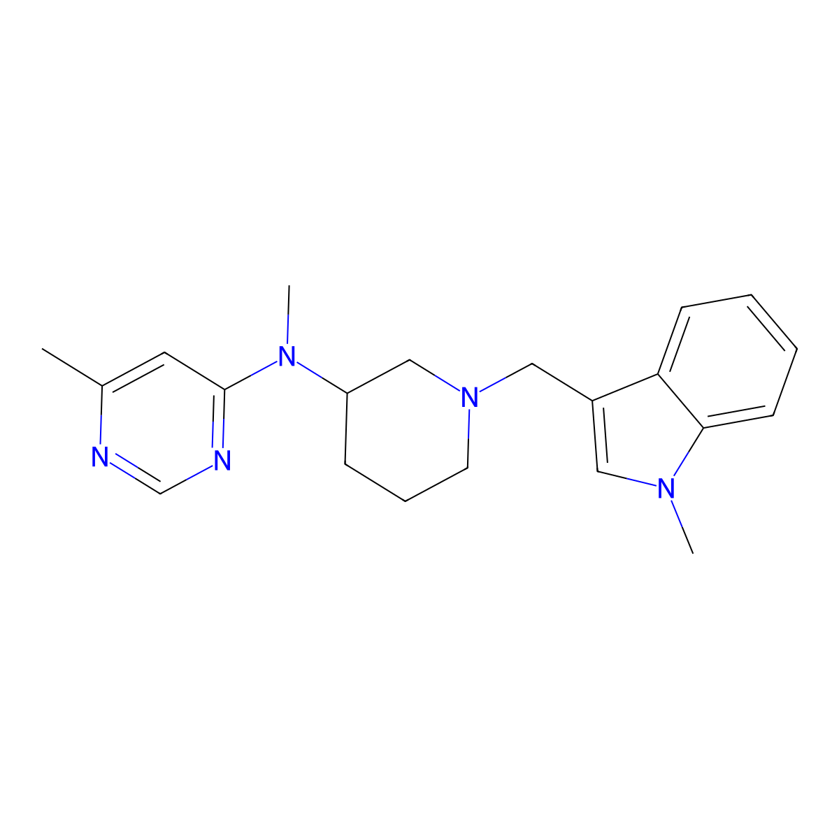 N,6-dimethyl-N-{1-[(1-methyl-1H-indol-3-yl)methyl]piperidin-3-yl}pyrimidin-4-amine molecular structure, CAS 3054595-97-7