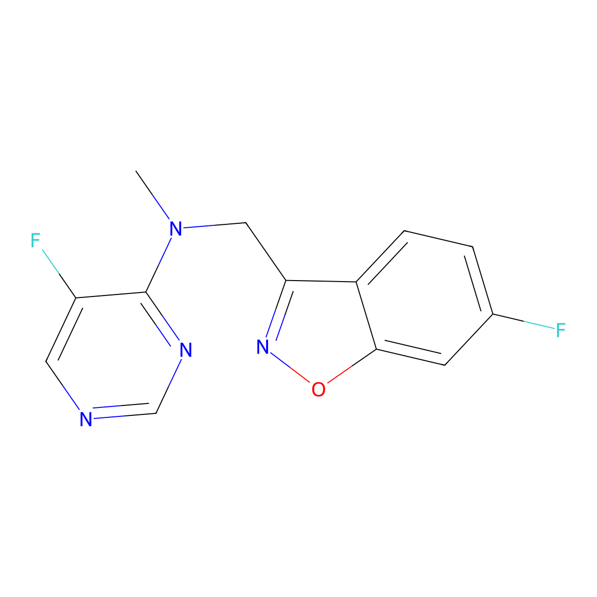 5-fluoro-N-[(6-fluoro-1,2-benzoxazol-3-yl)methyl]-N-methylpyrimidin-4-amine molecular structure, CAS 3054595-98-8