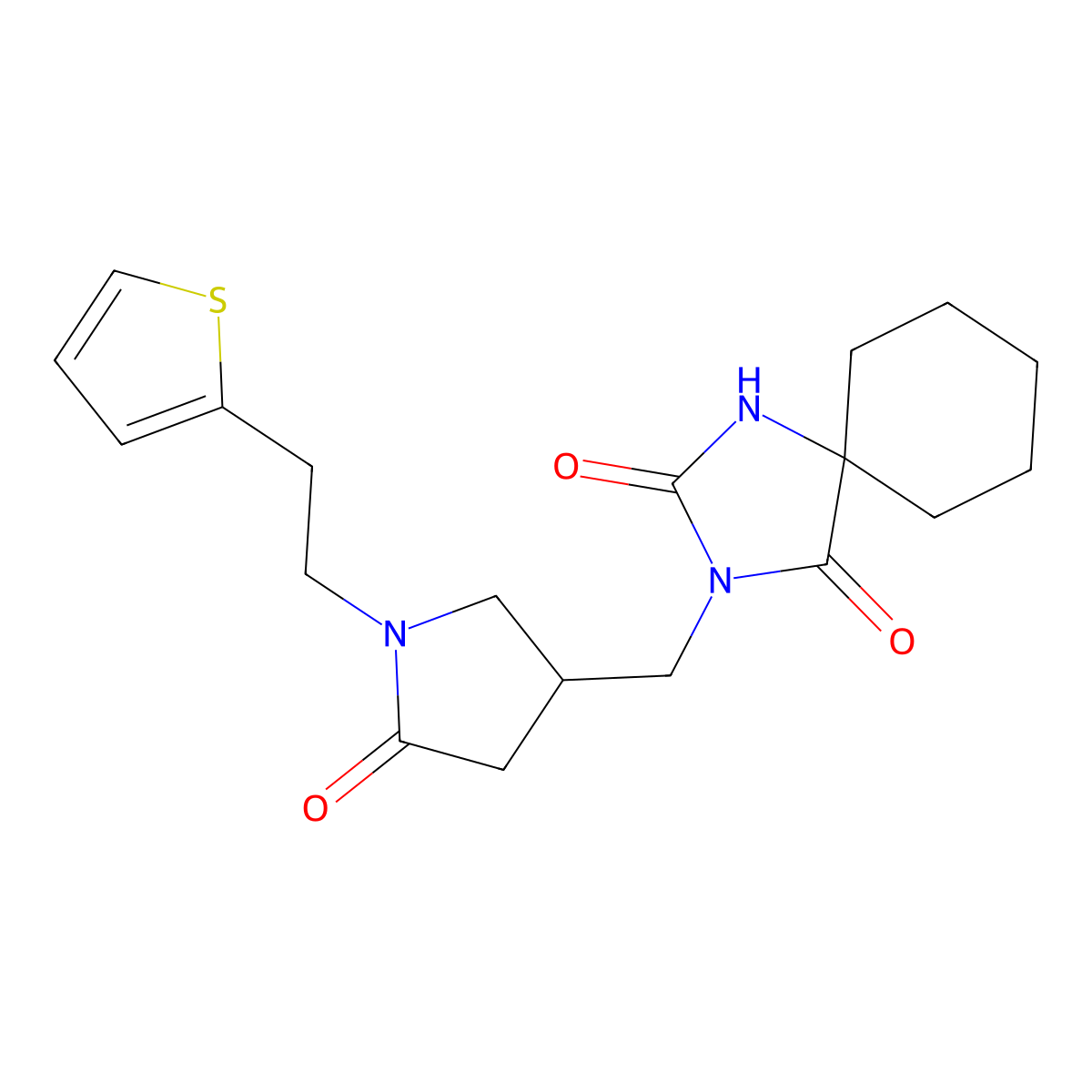 3-({5-Oxo-1-[2-(thiophen-2-yl)ethyl]pyrrolidin-3-yl}methyl)-1,3-diazaspiro[4.5]decane-2,4-dione molecular structure, CAS 3054596-03-8