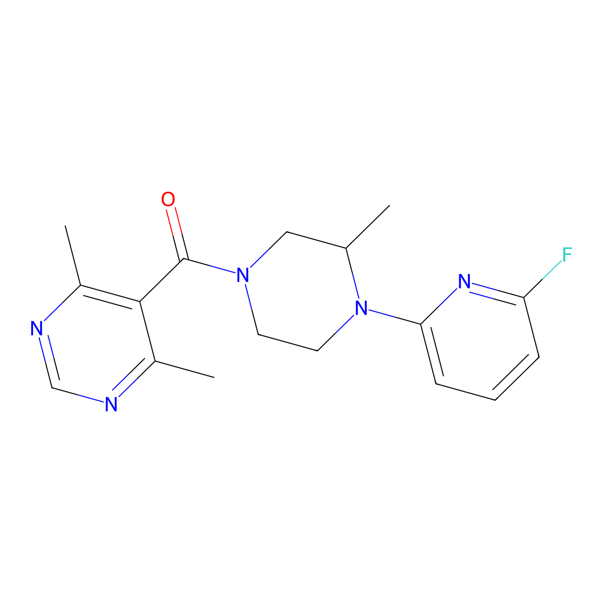 5-[4-(6-Fluoropyridin-2-yl)-3-methylpiperazine-1-carbonyl]-4,6-dimethylpyrimidine molecular structure, CAS 3054596-05-0