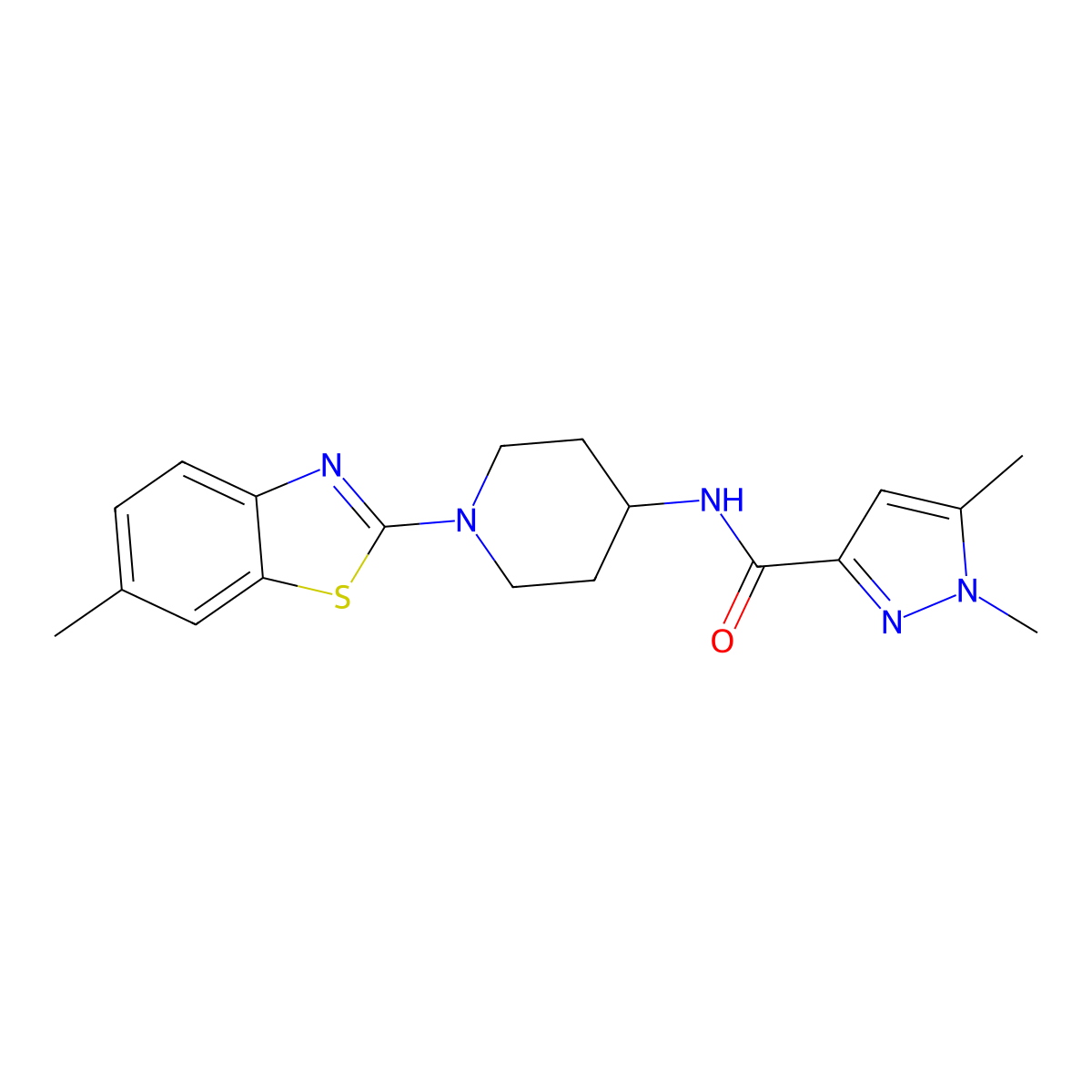 1,5-dimethyl-N-[1-(6-methyl-1,3-benzothiazol-2-yl)piperidin-4-yl]-1H-pyrazole-3-carboxamide molecular structure, CAS 3054596-14-1