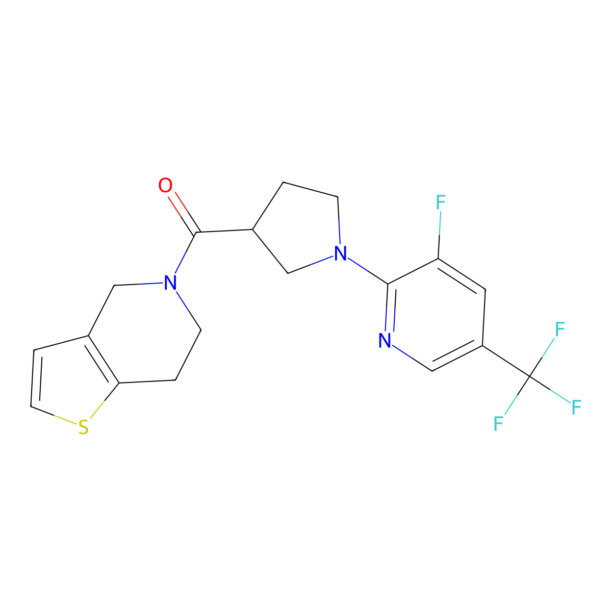 3-fluoro-2-(3-{4H,5H,6H,7H-thieno[3,2-c]pyridine-5-carbonyl}pyrrolidin-1-yl)-5-(trifluoromethyl)pyridine molecular structure, CAS 3054596-20-9