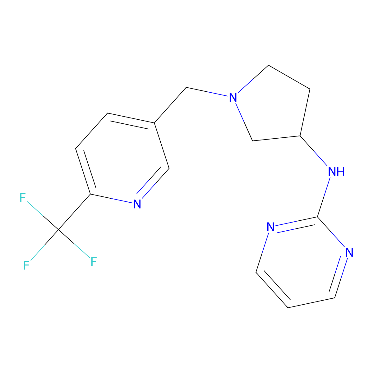 N-(1-{[6-(trifluoromethyl)pyridin-3-yl]methyl}pyrrolidin-3-yl)pyrimidin-2-amine molecular structure, CAS 3054596-24-3