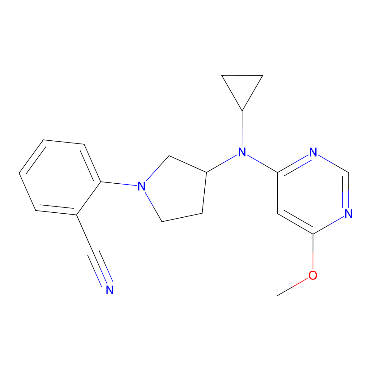 2-{3-[Cyclopropyl(6-methoxypyrimidin-4-yl)amino]pyrrolidin-1-yl}benzonitrile molecular structure, CAS 3054596-25-4