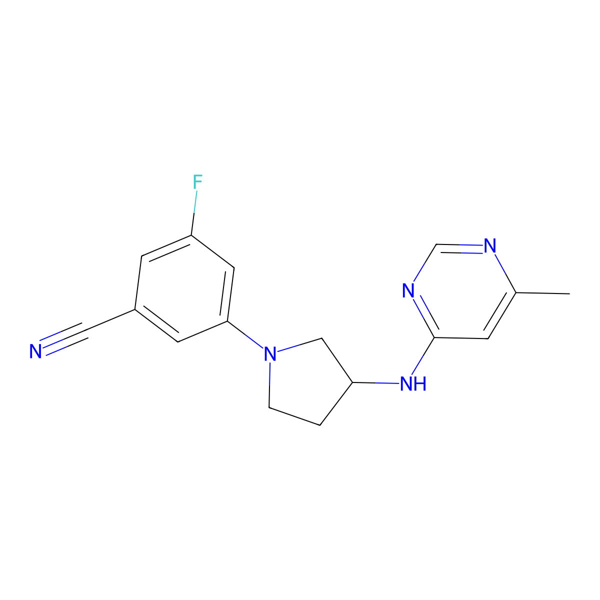 3-Fluoro-5-{3-[(6-methylpyrimidin-4-yl)amino]pyrrolidin-1-yl}benzonitrile molecular structure, CAS 3054596-33-4