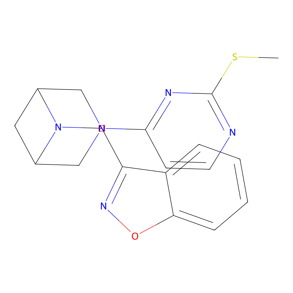 3-({3-[2-(Methylsulfanyl)pyrimidin-4-yl]-3,6-diazabicyclo[3.1.1]heptan-6-yl}methyl)-1,2-benzoxazole molecular structure, CAS 3054596-34-5