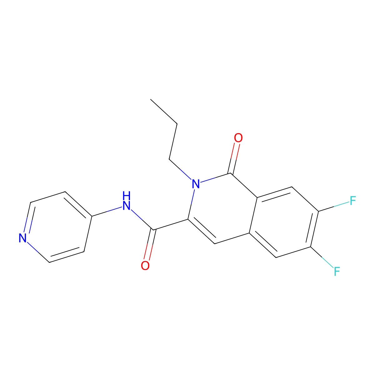 6,7-difluoro-1-oxo-2-propyl-N-(pyridin-4-yl)-1,2-dihydroisoquinoline-3-carboxamide molecular structure, CAS 3054596-35-6