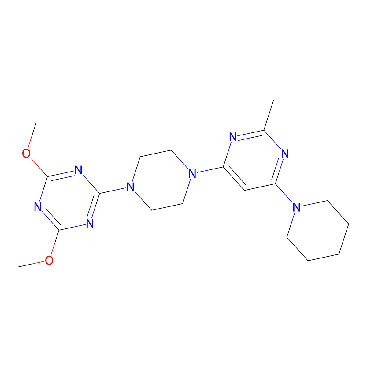 2,4-Dimethoxy-6-{4-[2-methyl-6-(piperidin-1-yl)pyrimidin-4-yl]piperazin-1-yl}-1,3,5-triazine molecular structure, CAS 3054596-38-9
