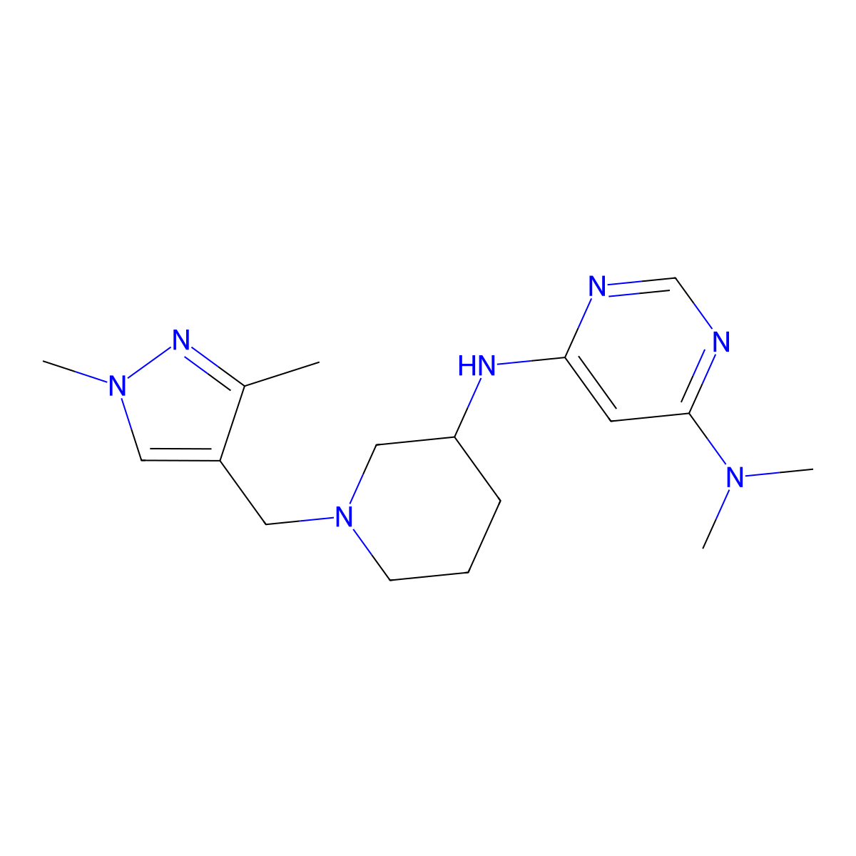 6-N-[1-[(1,3-dimethylpyrazol-4-yl)methyl]piperidin-3-yl]-4-N,4-N-dimethylpyrimidine-4,6-diamine molecular structure, CAS 3054596-39-0