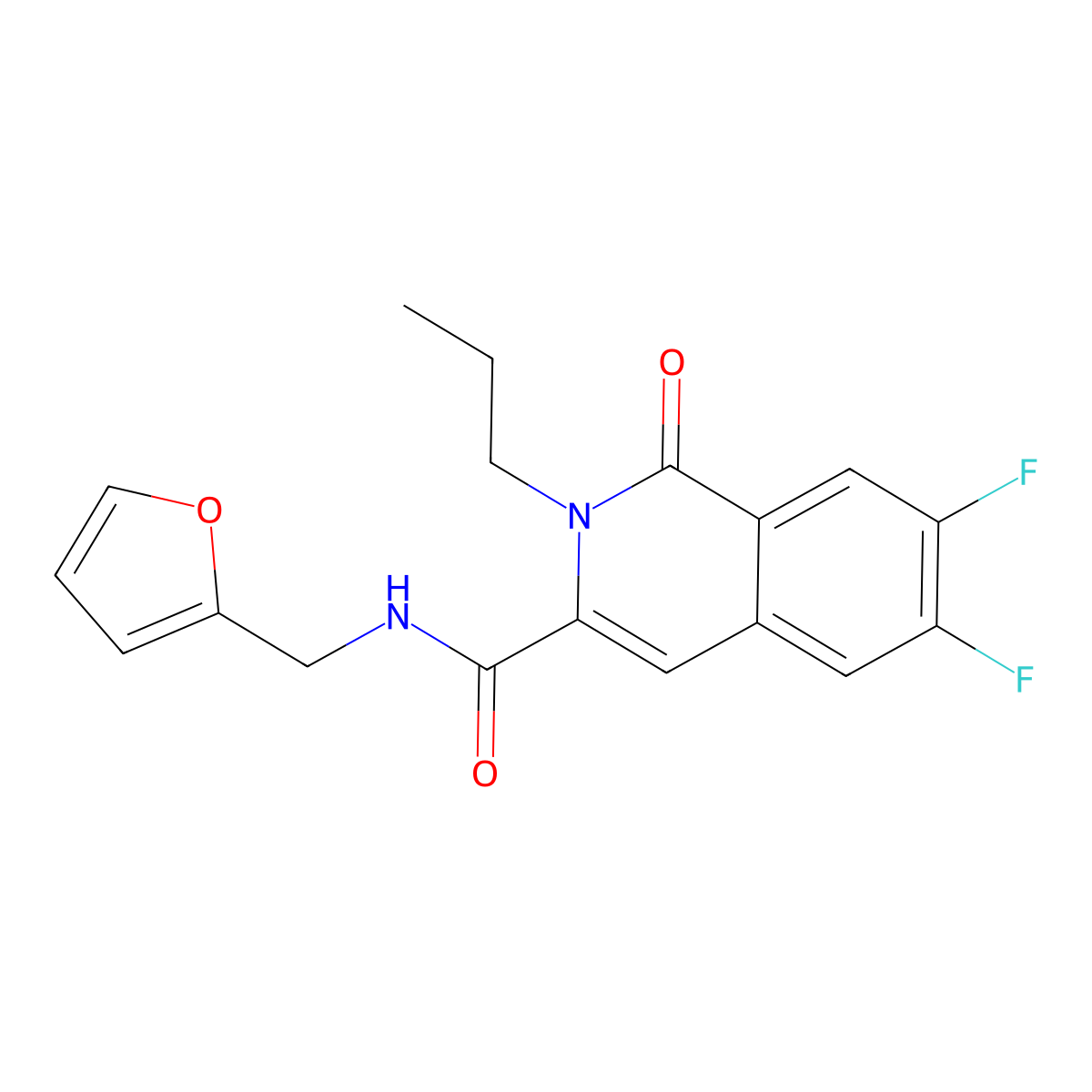 6,7-difluoro-N-[(furan-2-yl)methyl]-1-oxo-2-propyl-1,2-dihydroisoquinoline-3-carboxamide molecular structure, CAS 3054596-58-3