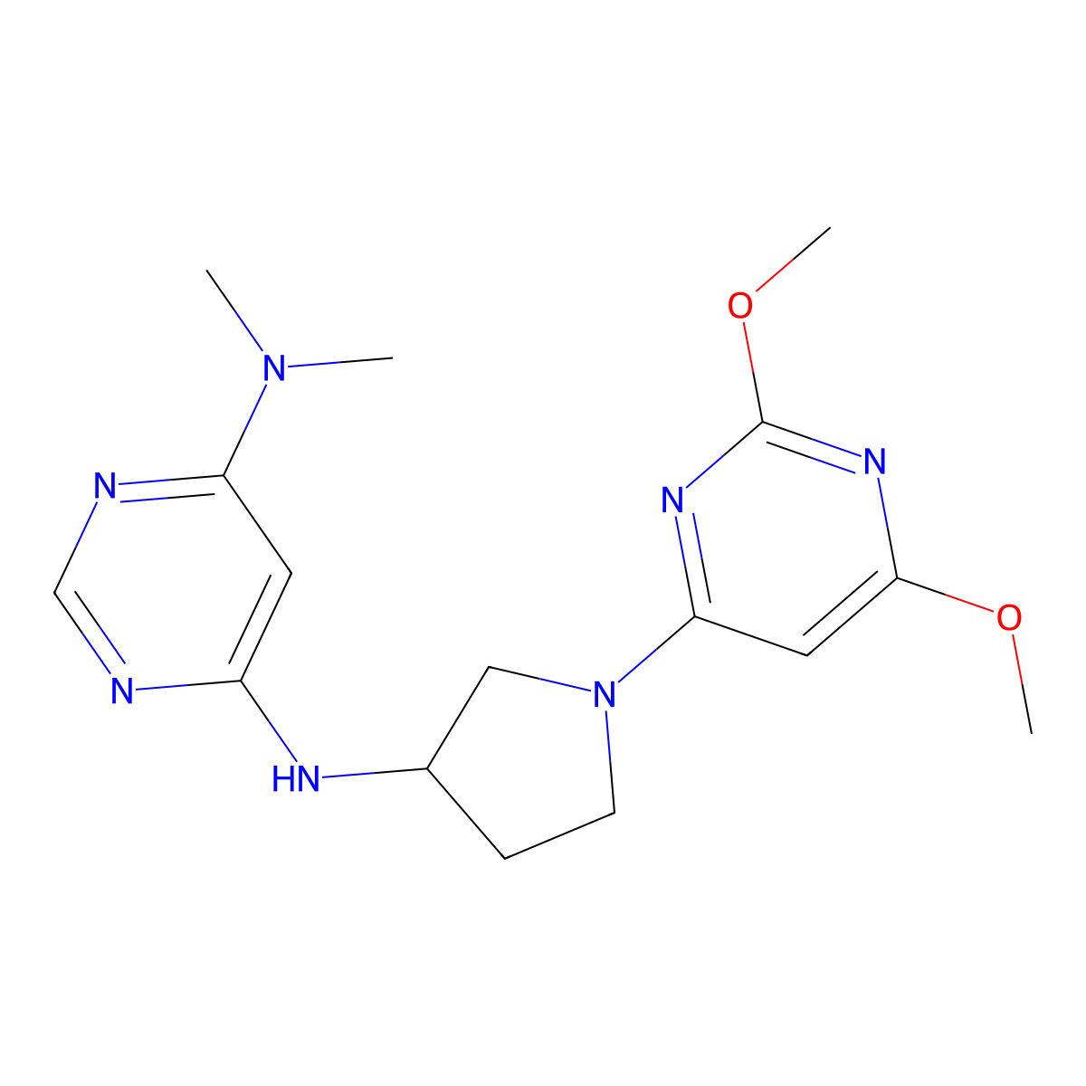 N6-[1-(2,6-dimethoxypyrimidin-4-yl)pyrrolidin-3-yl]-N4,N4-dimethylpyrimidine-4,6-diamine molecular structure, CAS 3054596-63-0