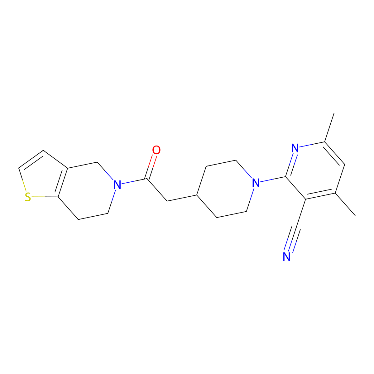 4,6-dimethyl-2-[4-(2-oxo-2-{4H,5H,6H,7H-thieno[3,2-c]pyridin-5-yl}ethyl)piperidin-1-yl]pyridine-3-carbonitrile molecular structure, CAS 3054596-64-1