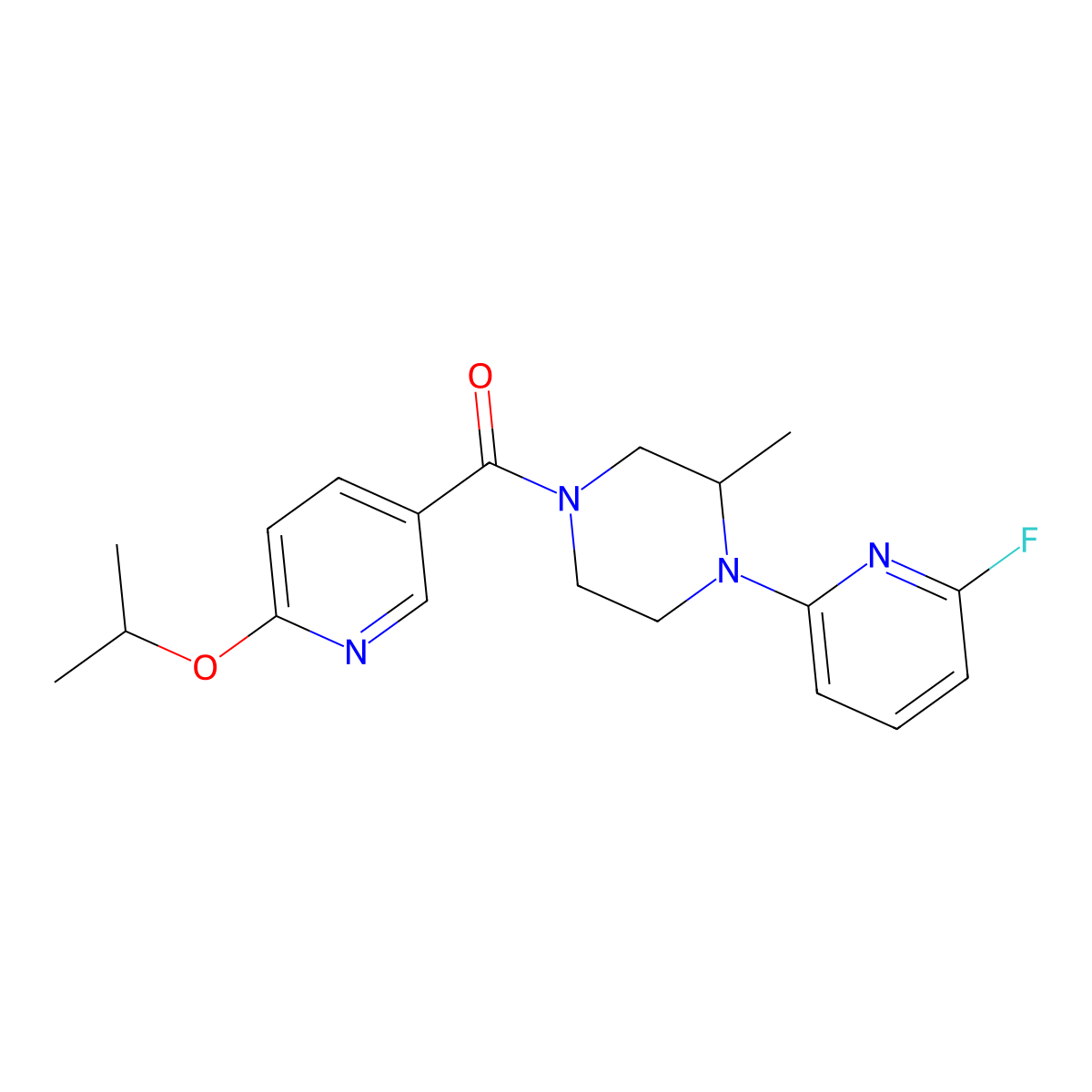 1-(6-Fluoropyridin-2-yl)-2-methyl-4-[6-(propan-2-yloxy)pyridine-3-carbonyl]piperazine molecular structure, CAS 3054596-67-4