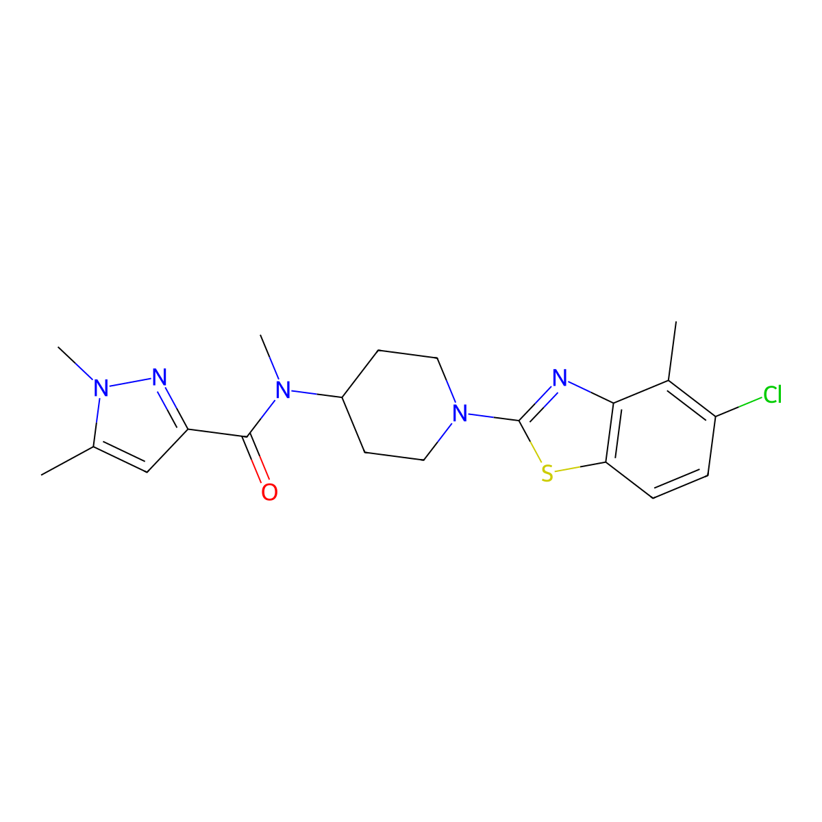 N-[1-(5-chloro-4-methyl-1,3-benzothiazol-2-yl)piperidin-4-yl]-N,1,5-trimethyl-1H-pyrazole-3-carboxamide molecular structure, CAS 3054596-69-6