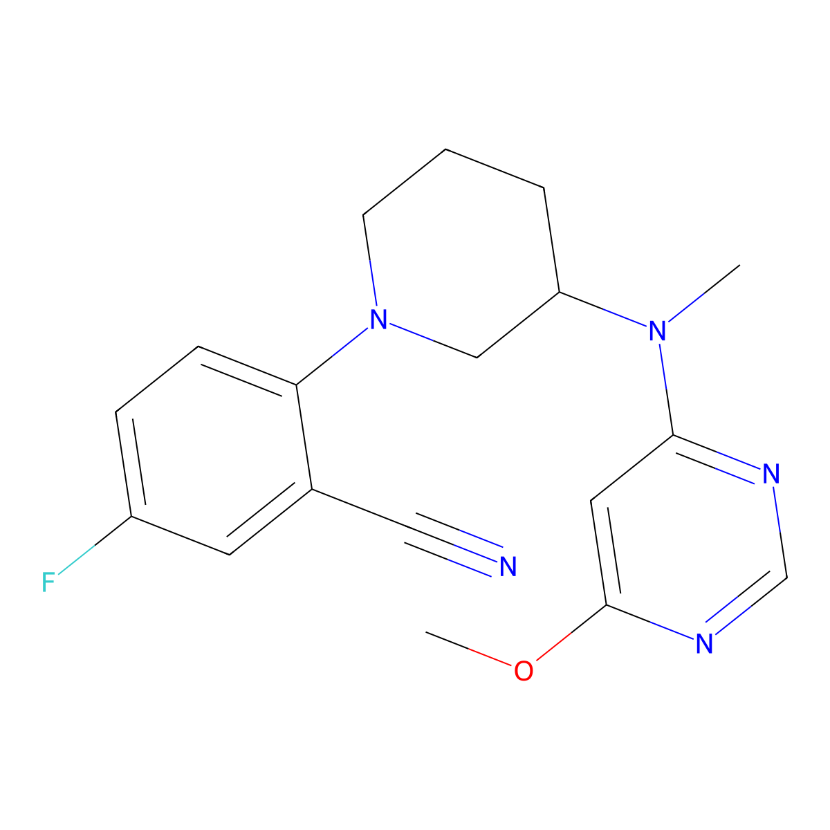 5-Fluoro-2-{3-[(6-methoxypyrimidin-4-yl)(methyl)amino]piperidin-1-yl}benzonitrile molecular structure, CAS 3054596-71-0