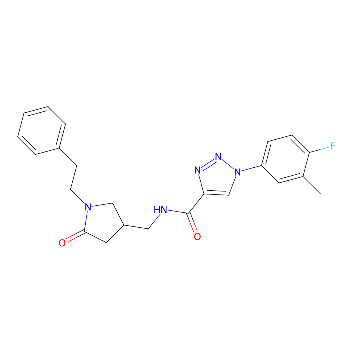 1-(4-fluoro-3-methylphenyl)-N-{[5-oxo-1-(2-phenylethyl)pyrrolidin-3-yl]methyl}-1H-1,2,3-triazole-4-carboxamide molecular structure, CAS 3054596-77-6