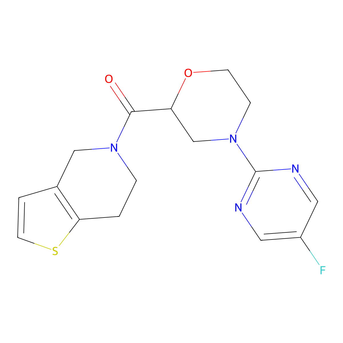 4-(5-fluoropyrimidin-2-yl)-2-{4H,5H,6H,7H-thieno[3,2-c]pyridine-5-carbonyl}morpholine molecular structure, CAS 3054596-83-4