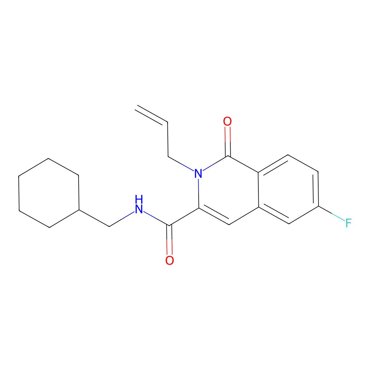 N-(cyclohexylmethyl)-6-fluoro-1-oxo-2-(prop-2-en-1-yl)-1,2-dihydroisoquinoline-3-carboxamide molecular structure, CAS 3054596-86-7