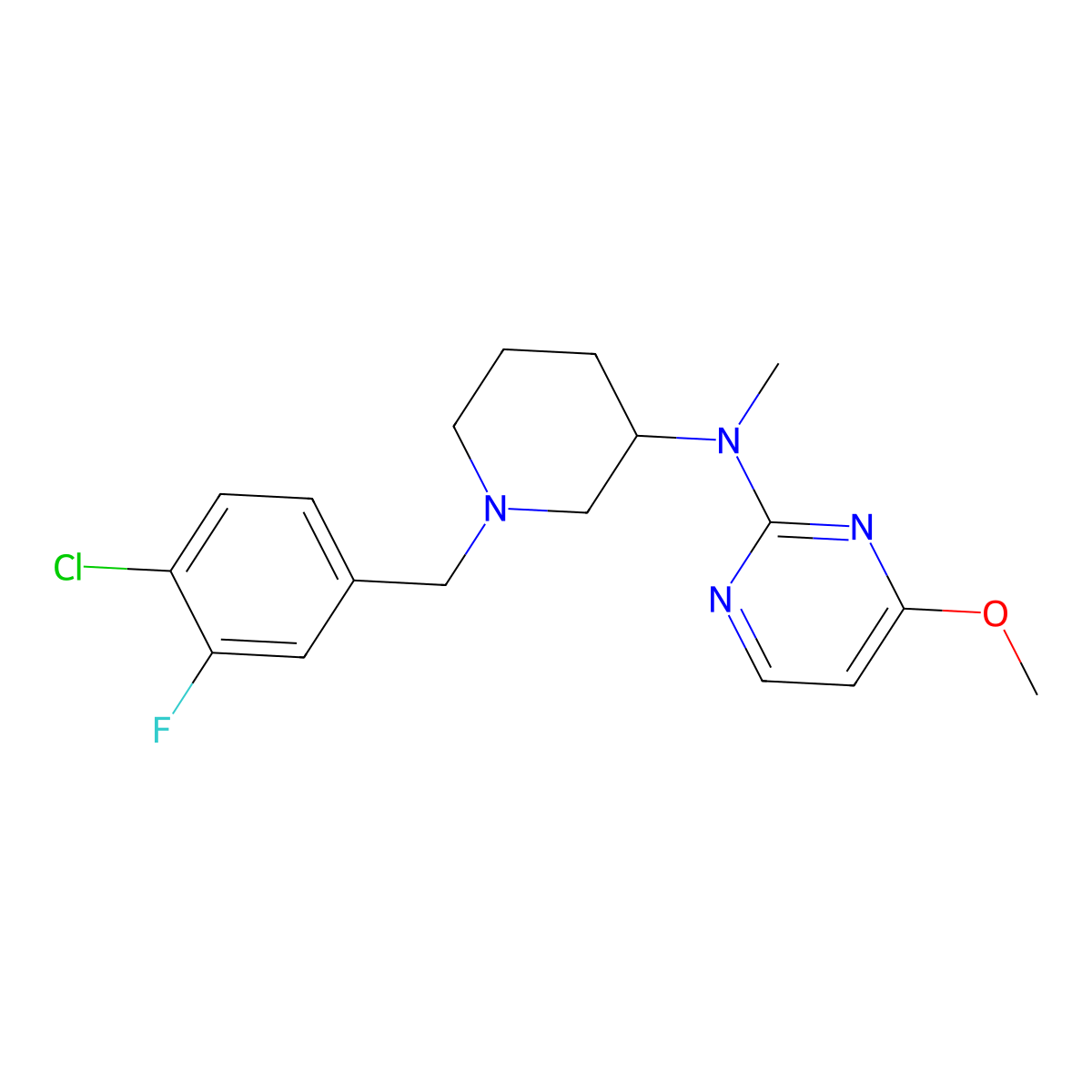 N-{1-[(4-chloro-3-fluorophenyl)methyl]piperidin-3-yl}-4-methoxy-N-methylpyrimidin-2-amine molecular structure, CAS 3054596-98-1