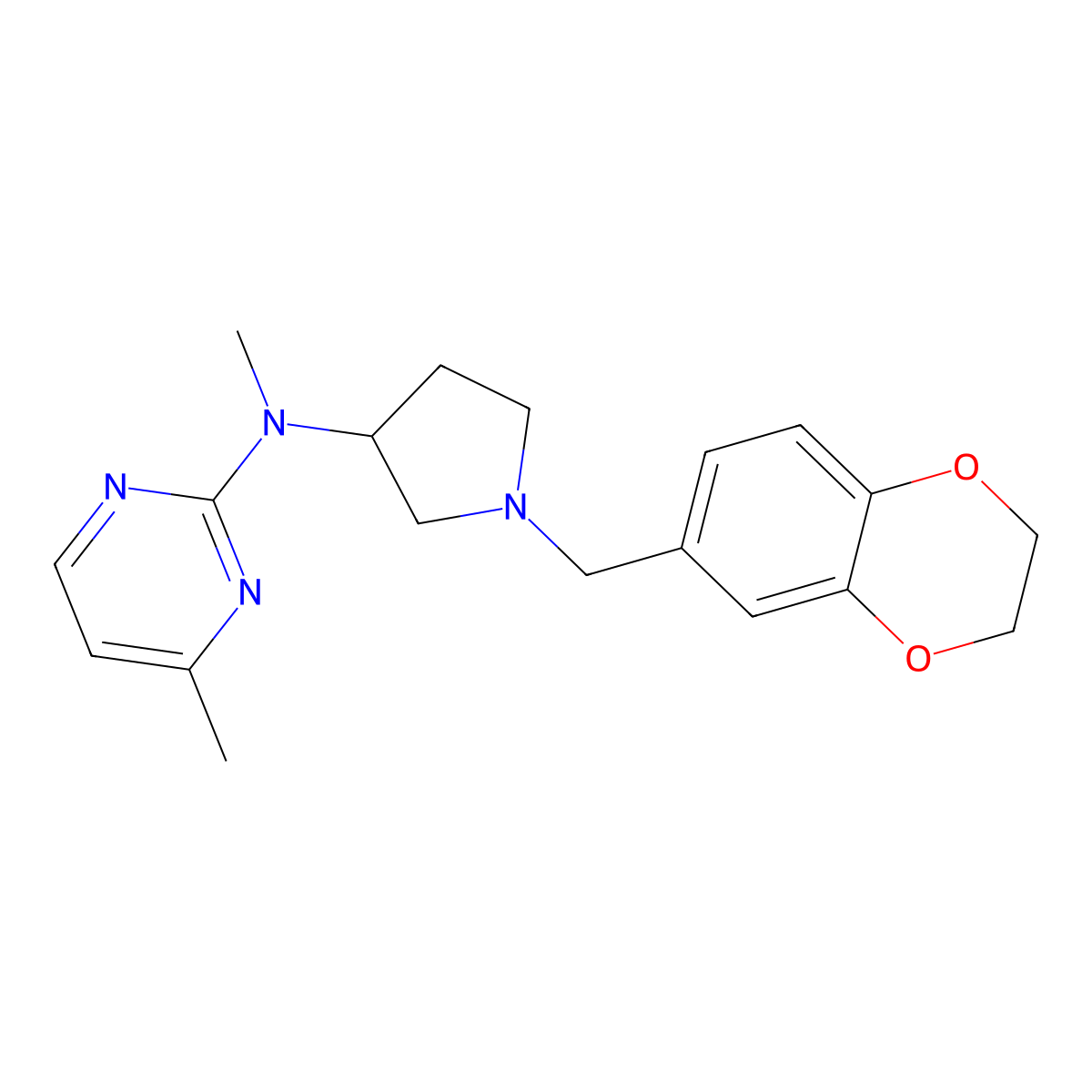 N-{1-[(2,3-dihydro-1,4-benzodioxin-6-yl)methyl]pyrrolidin-3-yl}-N,4-dimethylpyrimidin-2-amine molecular structure, CAS 3054596-99-2