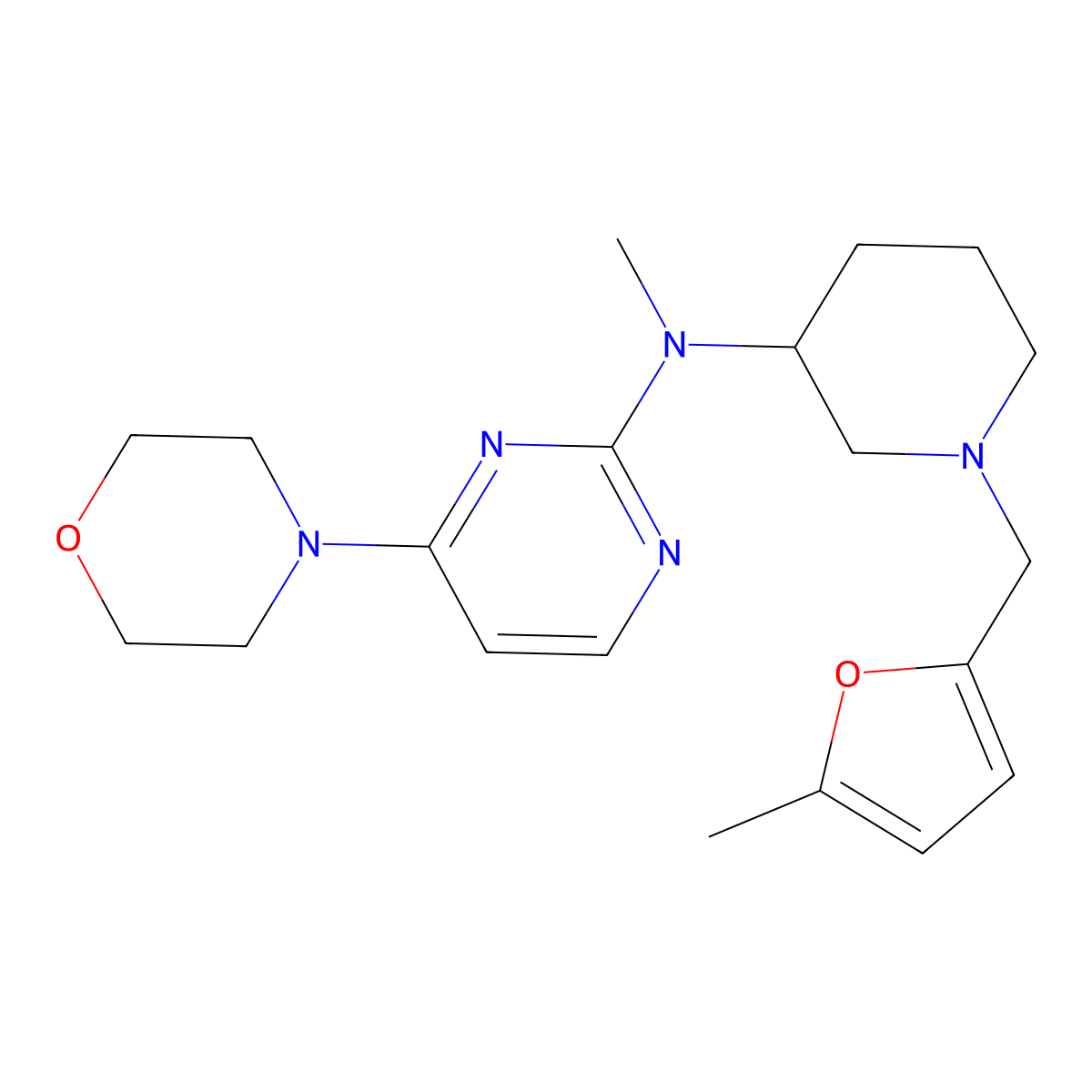 N-methyl-N-{1-[(5-methylfuran-2-yl)methyl]piperidin-3-yl}-4-(morpholin-4-yl)pyrimidin-2-amine molecular structure, CAS 3054597-05-3
