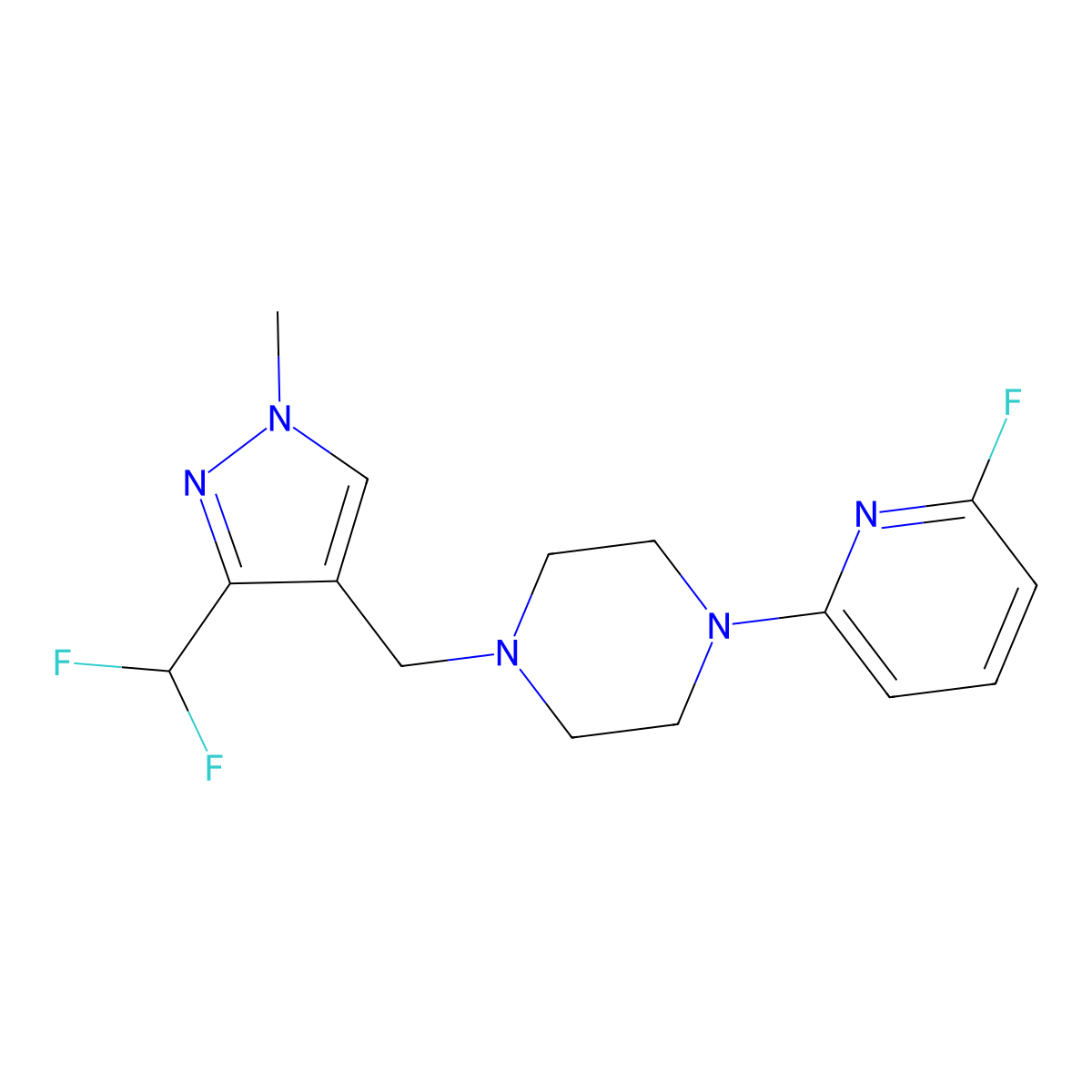 1-{[3-(difluoromethyl)-1-methyl-1H-pyrazol-4-yl]methyl}-4-(6-fluoropyridin-2-yl)piperazine molecular structure, CAS 3054597-11-1
