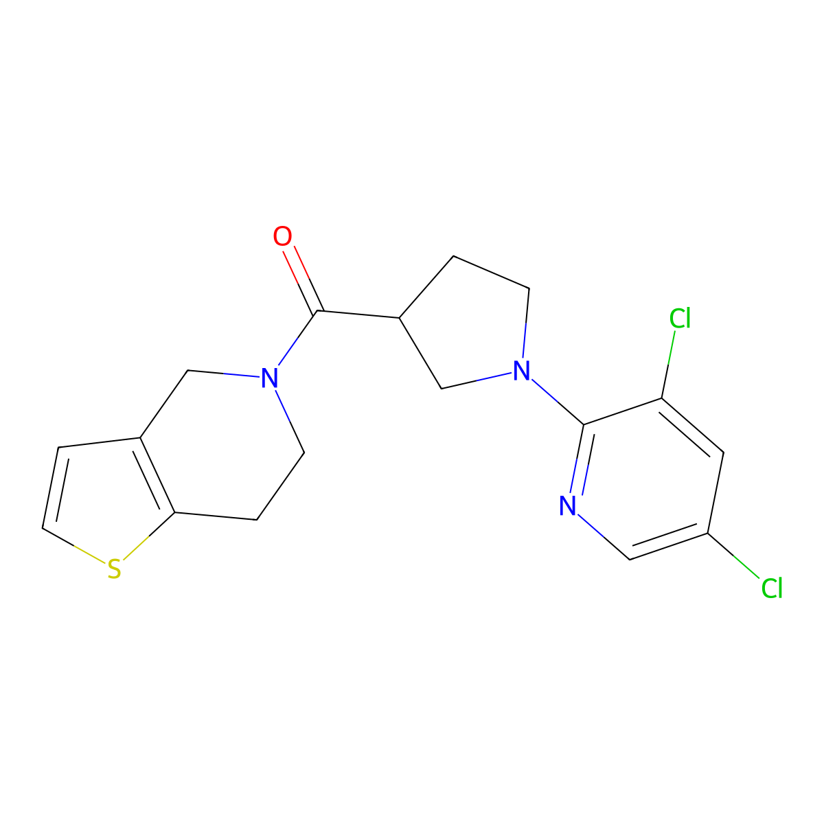 3,5-dichloro-2-(3-{4H,5H,6H,7H-thieno[3,2-c]pyridine-5-carbonyl}pyrrolidin-1-yl)pyridine molecular structure, CAS 3054597-12-2