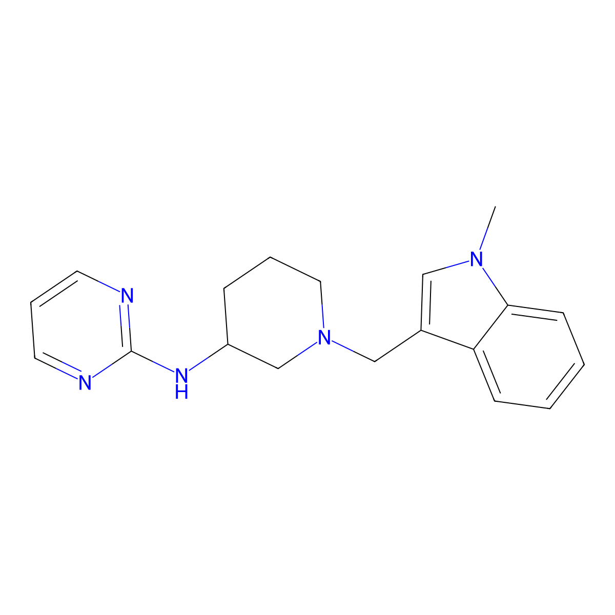 N-{1-[(1-methyl-1H-indol-3-yl)methyl]piperidin-3-yl}pyrimidin-2-amine molecular structure, CAS 3054597-14-4