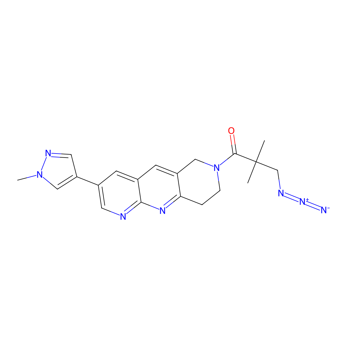 3-azido-2,2-dimethyl-1-[3-(1-methyl-1H-pyrazol-4-yl)-6H,7H,8H,9H-pyrido[2,3-b]1,6-naphthyridin-7-yl]propan-1-one molecular structure, CAS 3054597-15-5