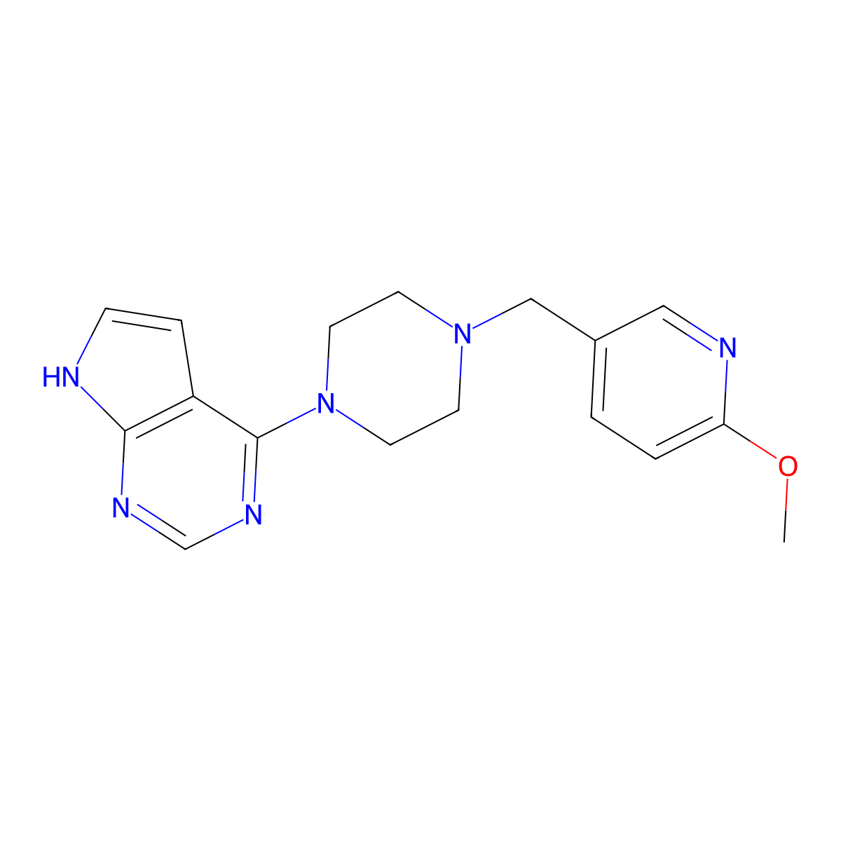 1-[(6-methoxypyridin-3-yl)methyl]-4-{7H-pyrrolo[2,3-d]pyrimidin-4-yl}piperazine molecular structure, CAS 3054597-17-7