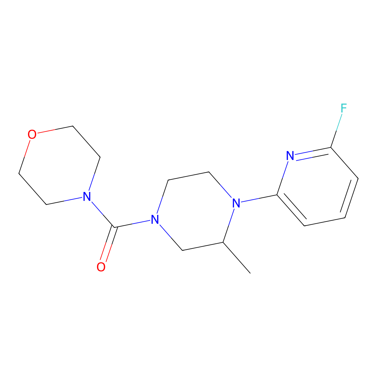 4-[4-(6-Fluoropyridin-2-yl)-3-methylpiperazine-1-carbonyl]morpholine molecular structure, CAS 3054597-32-6