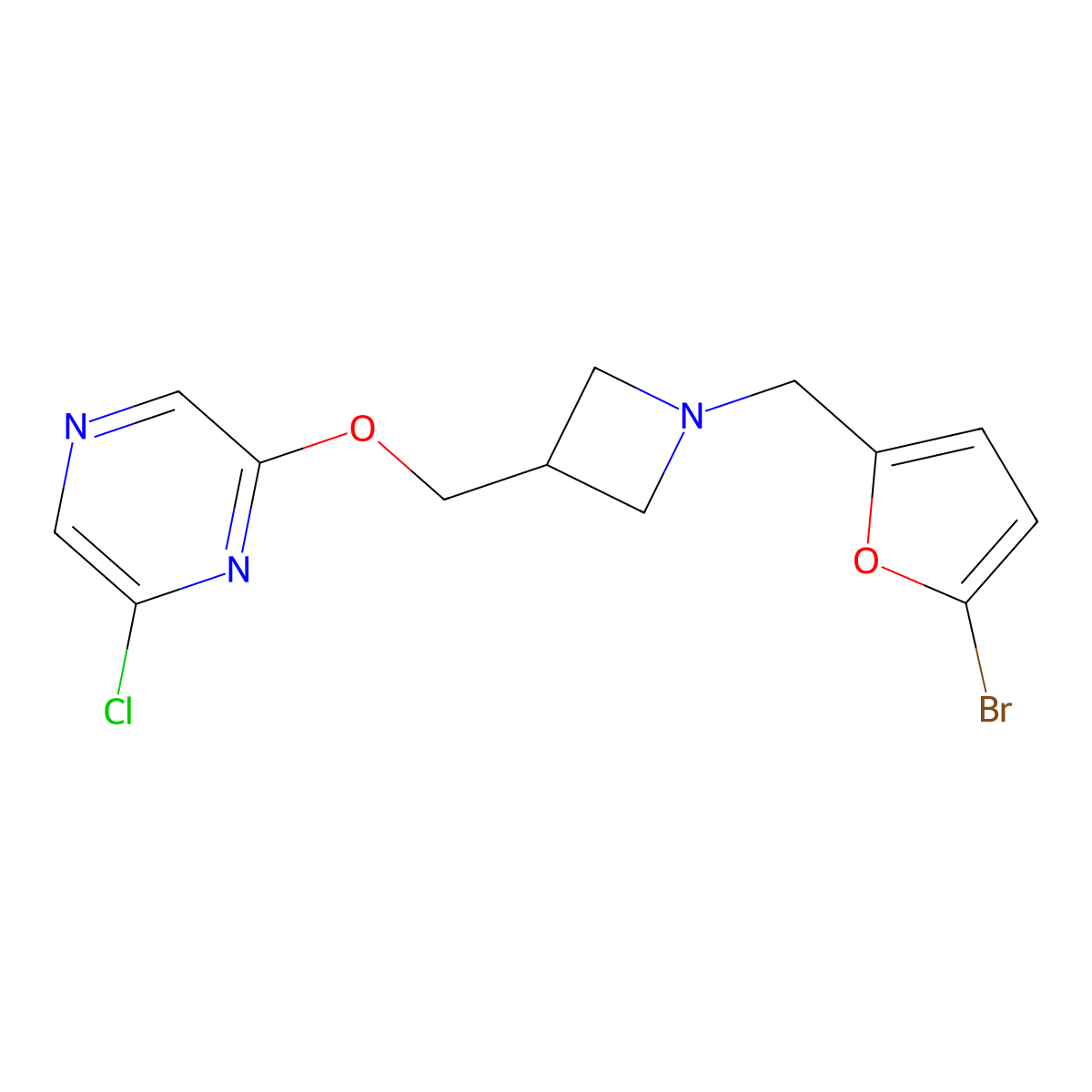 2-({1-[(5-Bromofuran-2-yl)methyl]azetidin-3-yl}methoxy)-6-chloropyrazine molecular structure, CAS 3054597-33-7