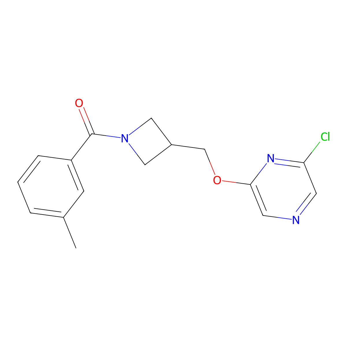 2-Chloro-6-{[1-(3-methylbenzoyl)azetidin-3-yl]methoxy}pyrazine molecular structure, CAS 3054597-35-9