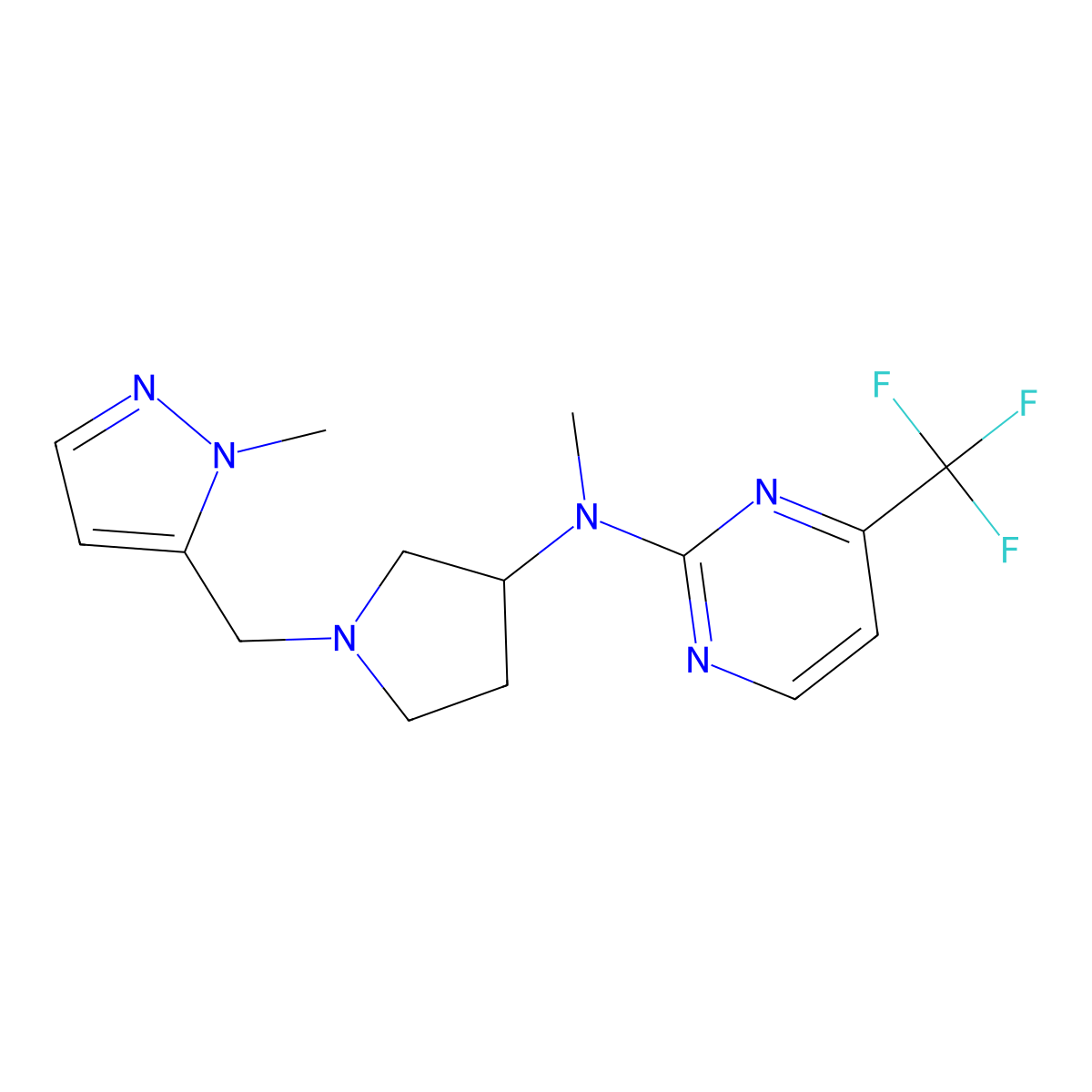 N-methyl-N-{1-[(1-methyl-1H-pyrazol-5-yl)methyl]pyrrolidin-3-yl}-4-(trifluoromethyl)pyrimidin-2-amine molecular structure, CAS 3054597-40-6