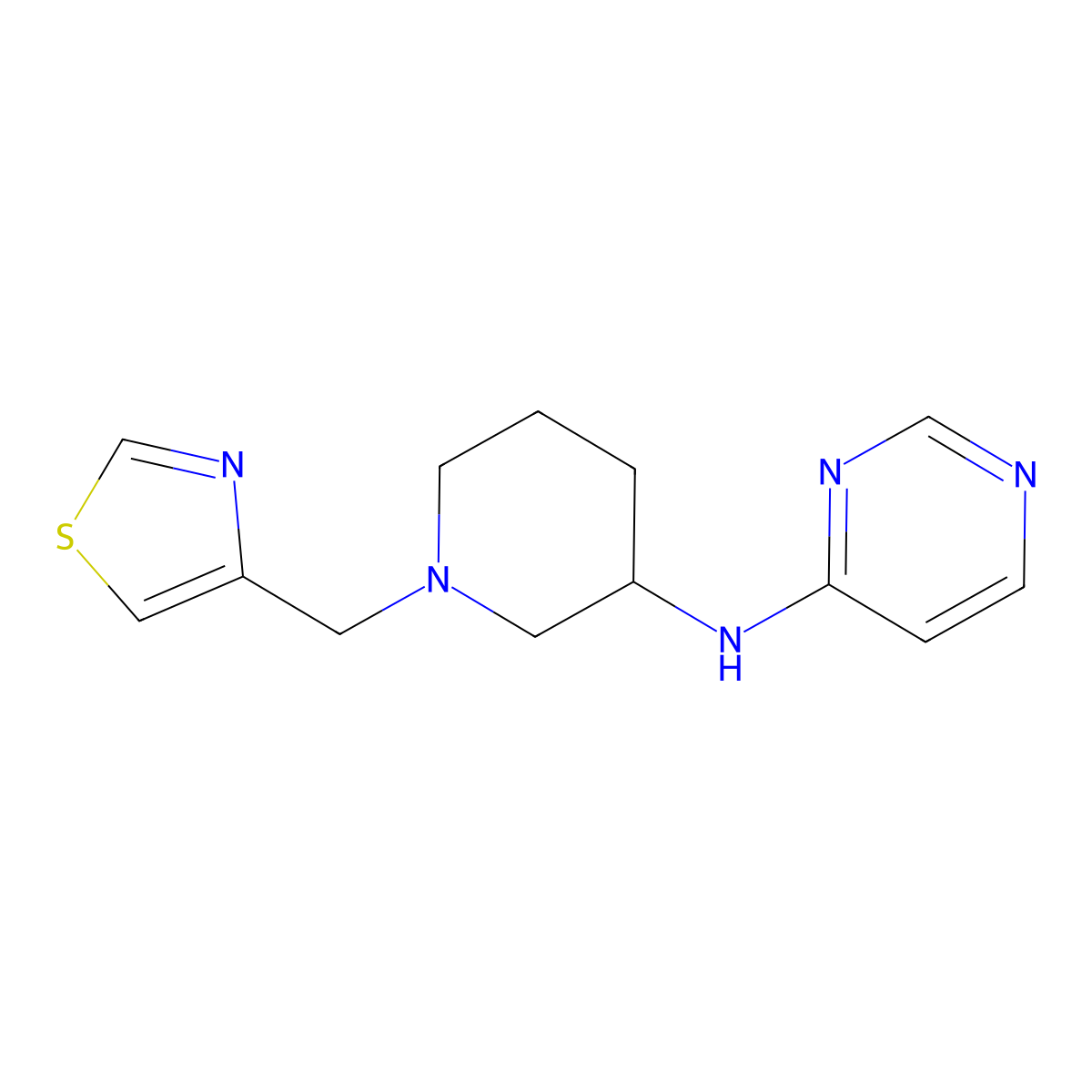 N-{1-[(1,3-thiazol-4-yl)methyl]piperidin-3-yl}pyrimidin-4-amine molecular structure, CAS 3054597-41-7