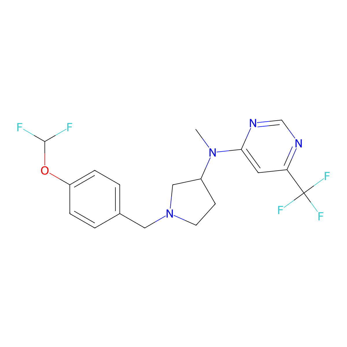 N-(1-{[4-(difluoromethoxy)phenyl]methyl}pyrrolidin-3-yl)-N-methyl-6-(trifluoromethyl)pyrimidin-4-amine molecular structure, CAS 3054597-60-0