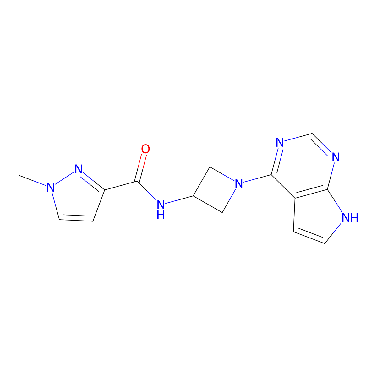 1-methyl-N-(1-{7H-pyrrolo[2,3-d]pyrimidin-4-yl}azetidin-3-yl)-1H-pyrazole-3-carboxamide molecular structure, CAS 3054597-63-3