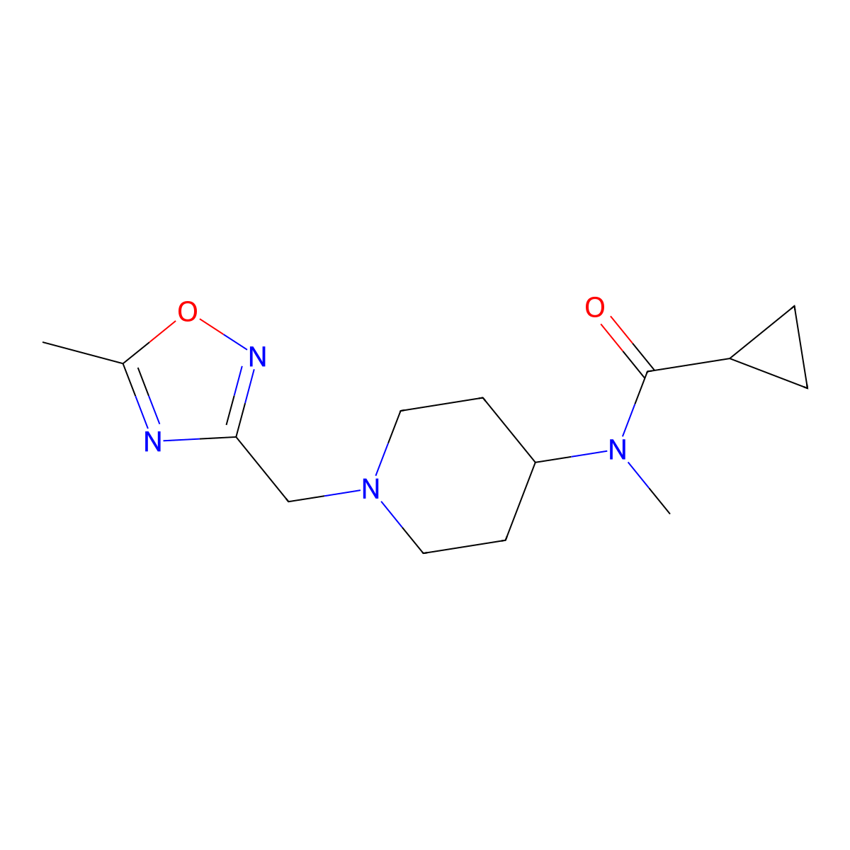 N-methyl-N-{1-[(5-methyl-1,2,4-oxadiazol-3-yl)methyl]piperidin-4-yl}cyclopropanecarboxamide molecular structure, CAS 3054597-66-6