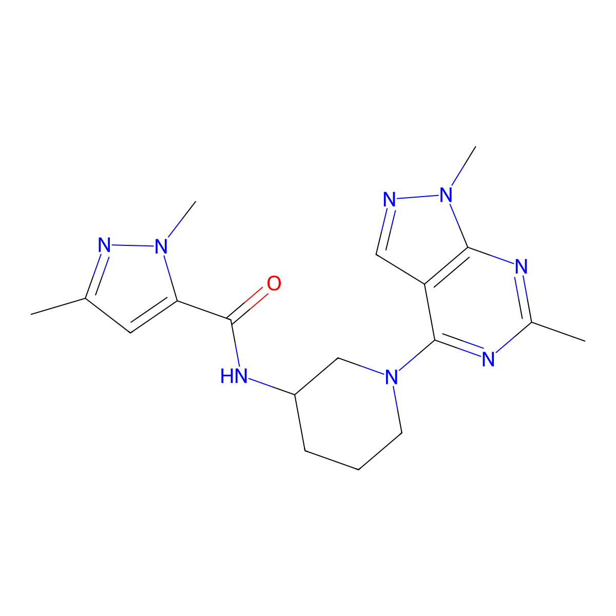 N-(1-{1,6-dimethyl-1H-pyrazolo[3,4-d]pyrimidin-4-yl}piperidin-3-yl)-1,3-dimethyl-1H-pyrazole-5-carboxamide molecular structure, CAS 3054597-67-7
