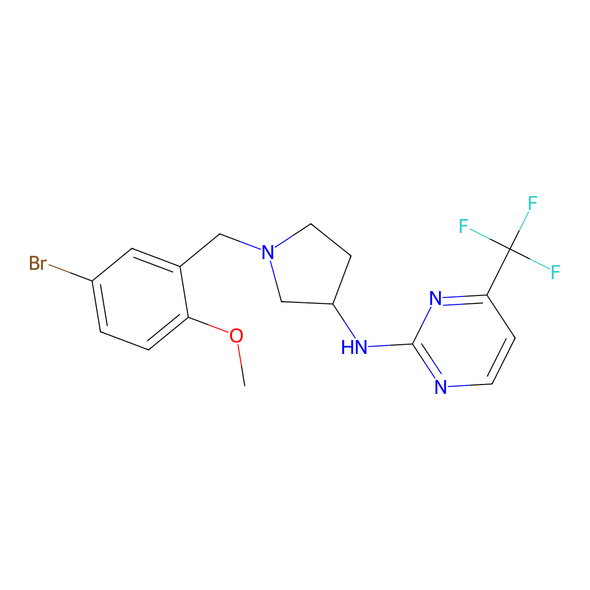 N-{1-[(5-bromo-2-methoxyphenyl)methyl]pyrrolidin-3-yl}-4-(trifluoromethyl)pyrimidin-2-amine molecular structure, CAS 3054597-71-3