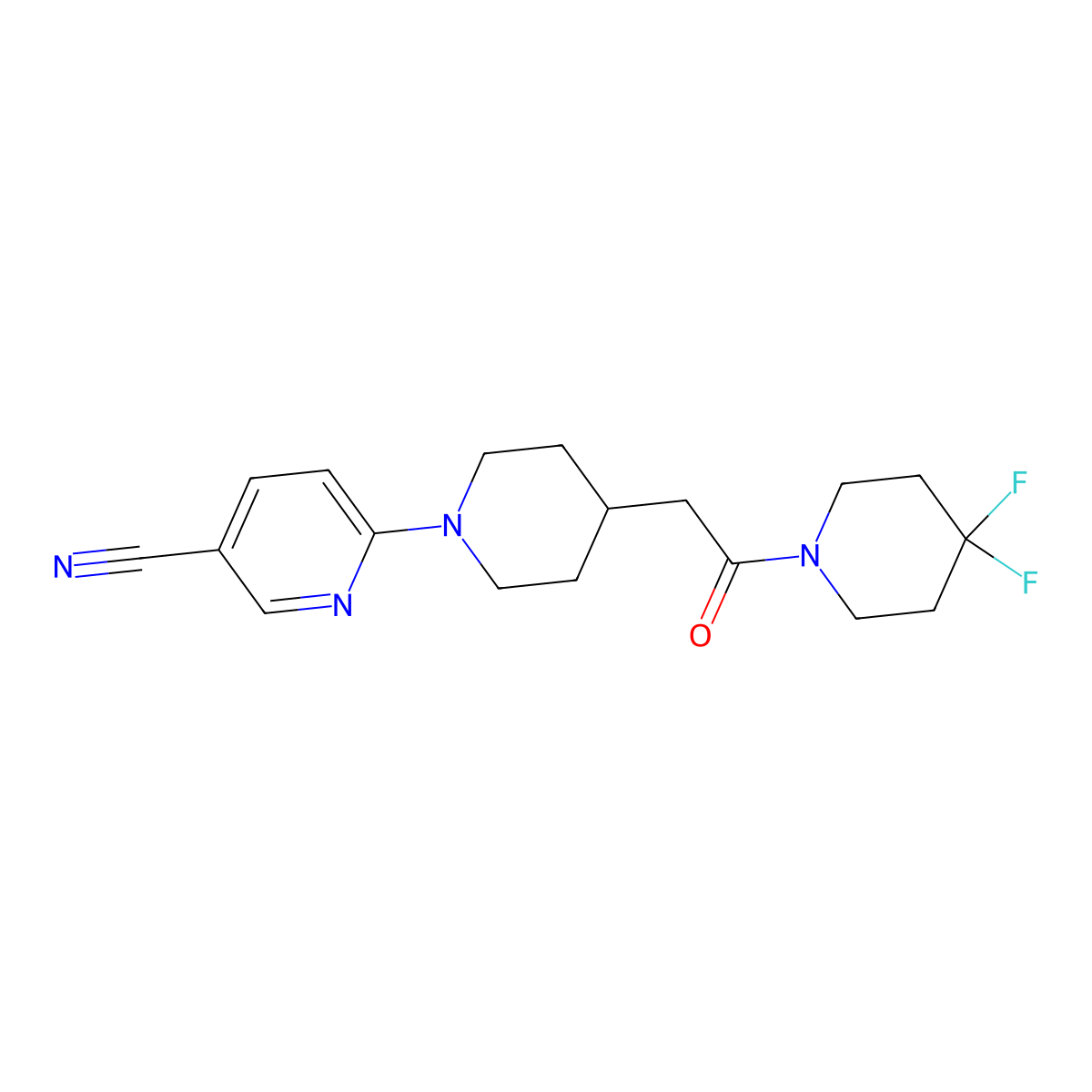 6-{4-[2-(4,4-Difluoropiperidin-1-yl)-2-oxoethyl]piperidin-1-yl}pyridine-3-carbonitrile molecular structure, CAS 3054597-78-0