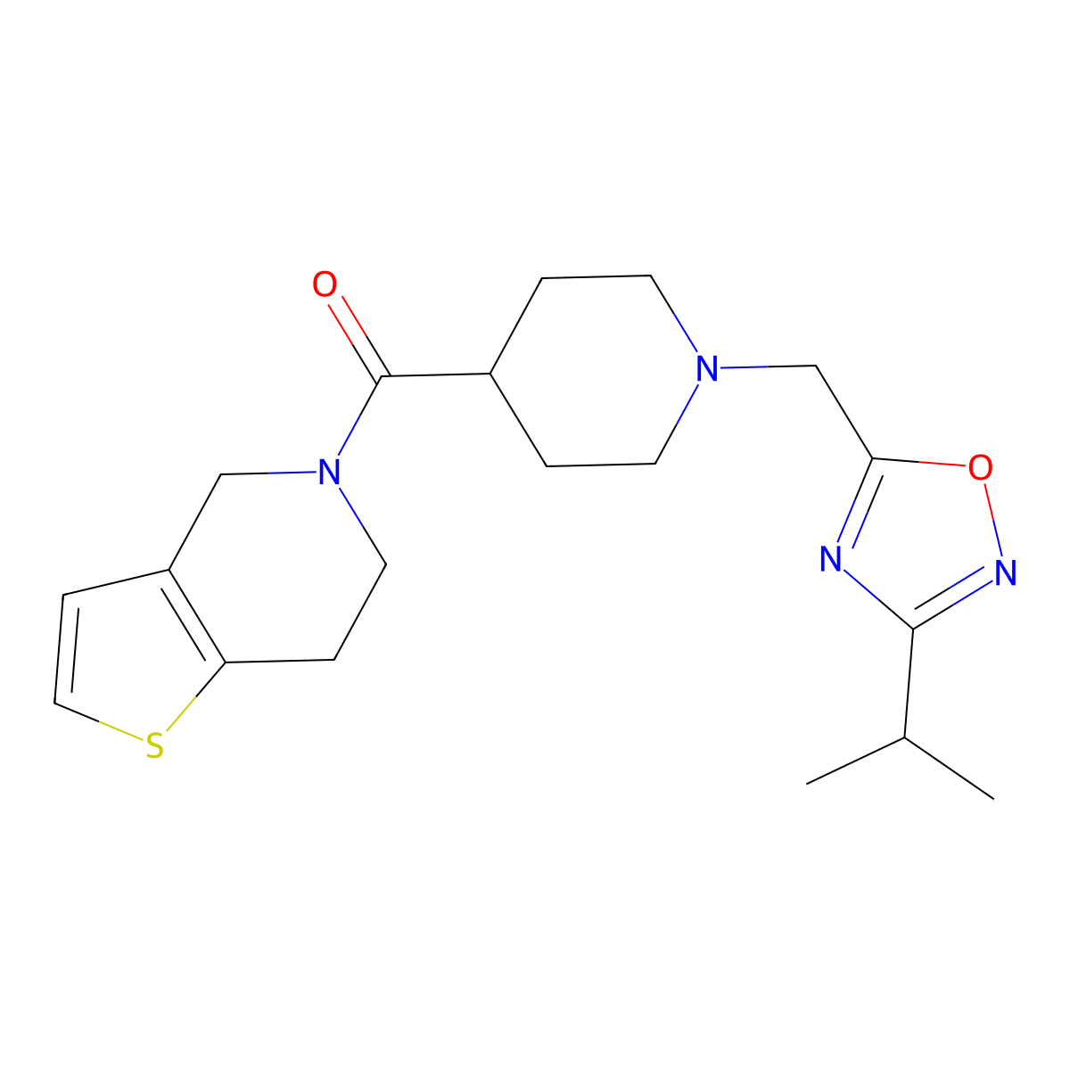 1-{[3-(propan-2-yl)-1,2,4-oxadiazol-5-yl]methyl}-4-{4H,5H,6H,7H-thieno[3,2-c]pyridine-5-carbonyl}piperidine molecular structure, CAS 3054597-80-4