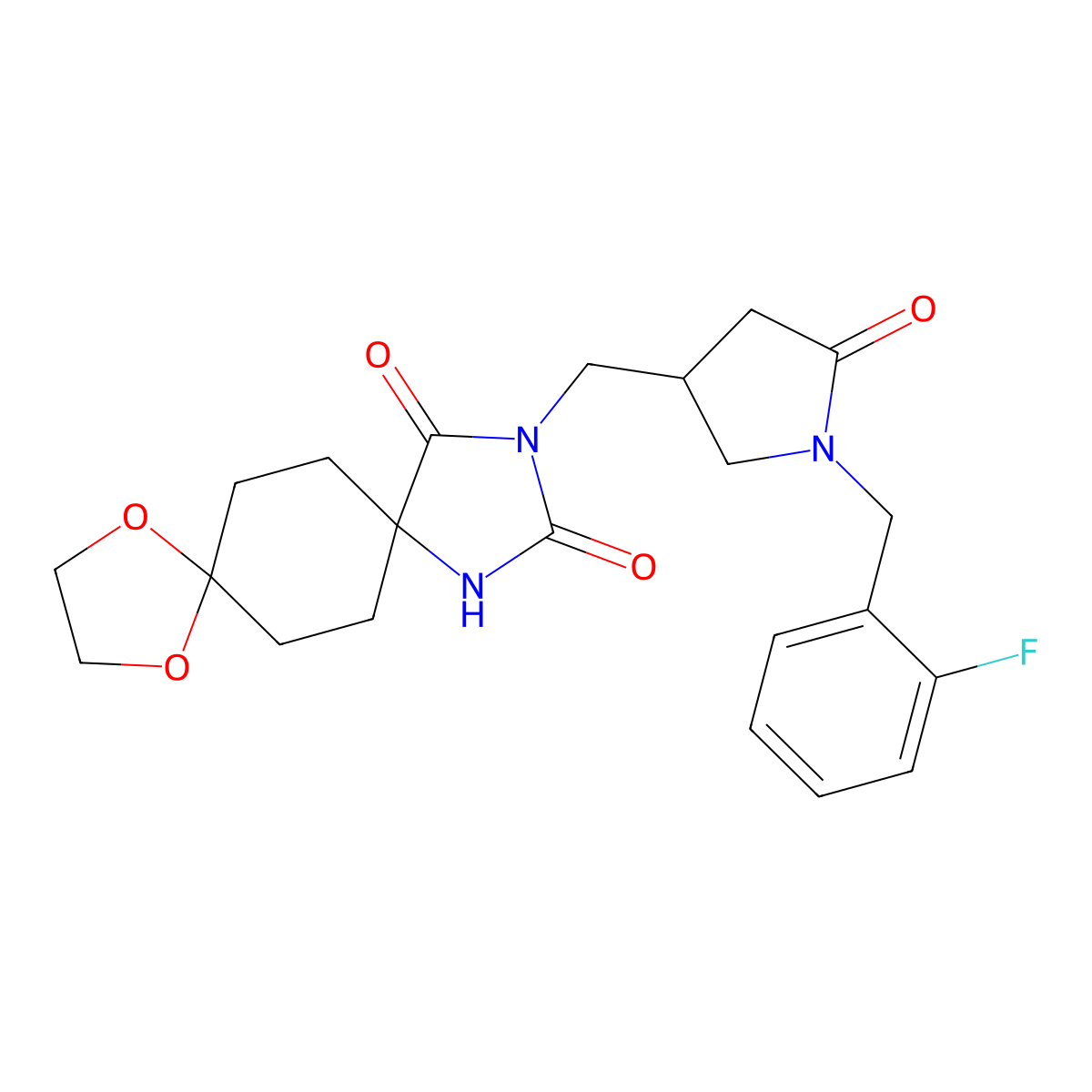 2-[[1-[(2-Fluorophenyl)methyl]-5-oxopyrrolidin-3-yl]methyl]-9,12-dioxa-2,4-diazadispiro[4.2.48.25]tetradecane-1,3-dione molecular structure, CAS 3054597-81-5