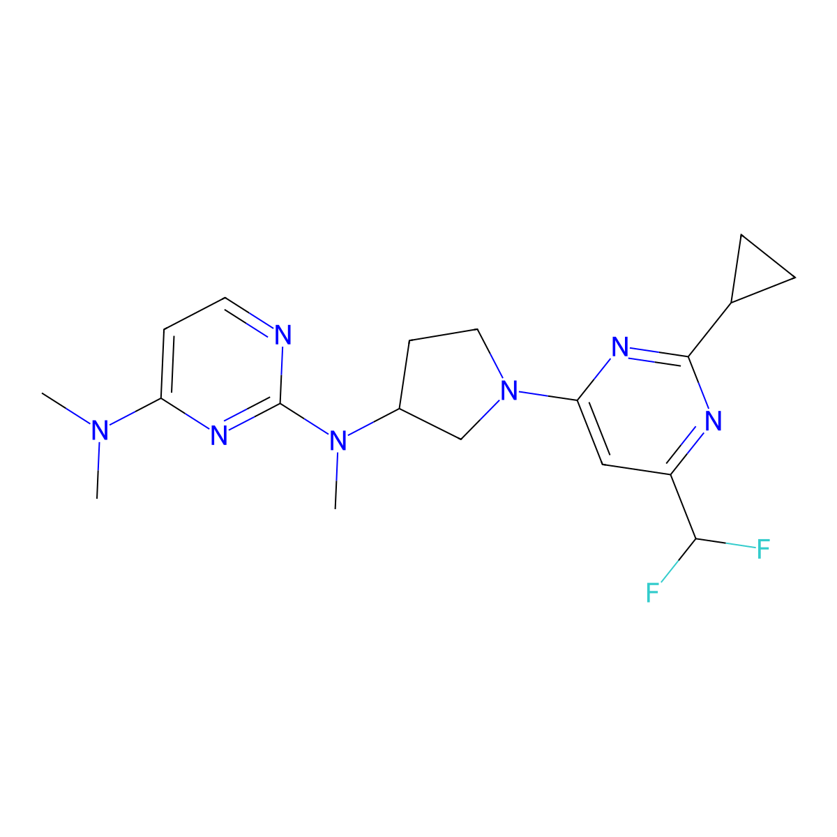 N2-{1-[2-cyclopropyl-6-(difluoromethyl)pyrimidin-4-yl]pyrrolidin-3-yl}-N2,N4,N4-trimethylpyrimidine-2,4-diamine molecular structure, CAS 3054597-82-6