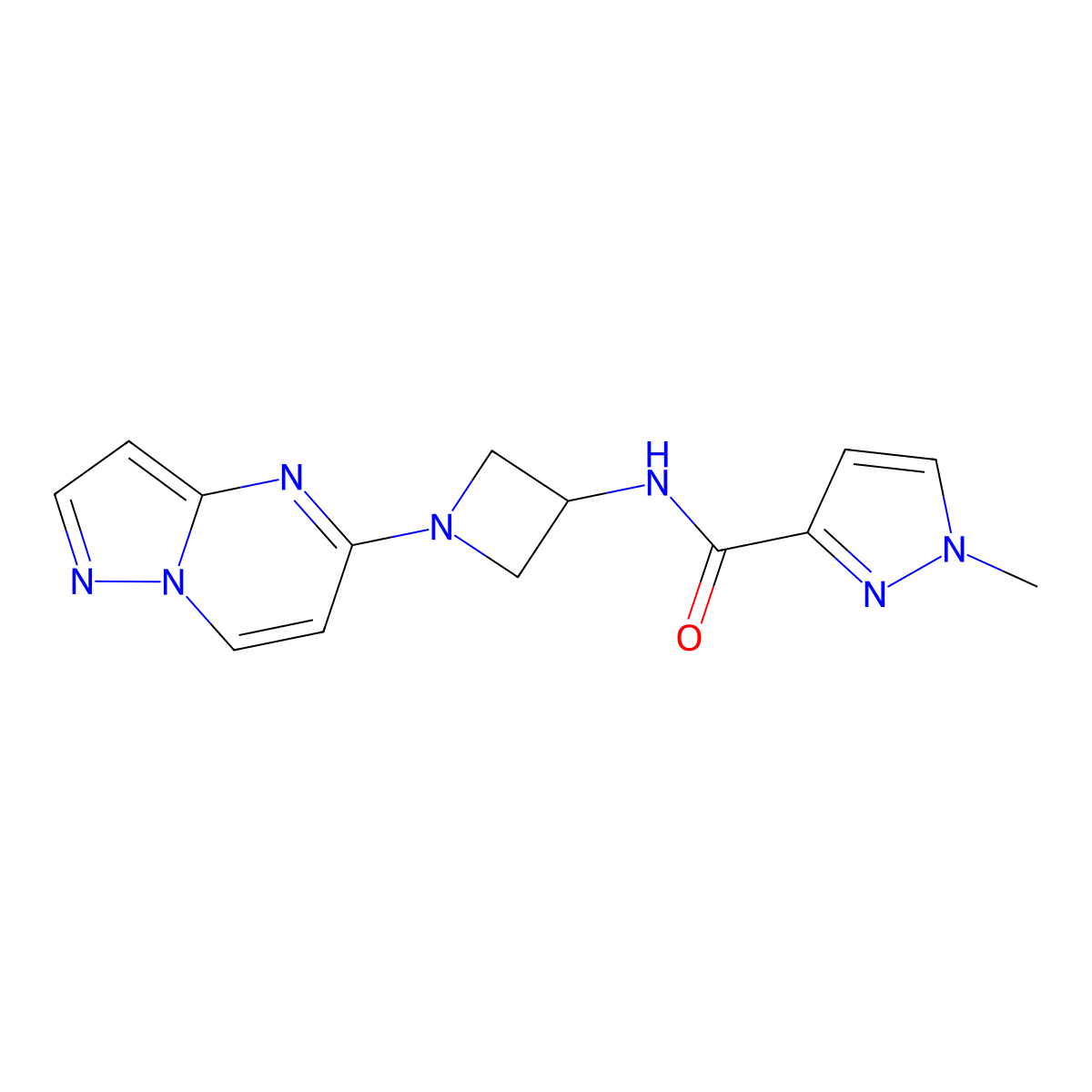 1-methyl-N-(1-{pyrazolo[1,5-a]pyrimidin-5-yl}azetidin-3-yl)-1H-pyrazole-3-carboxamide molecular structure, CAS 3054597-84-8