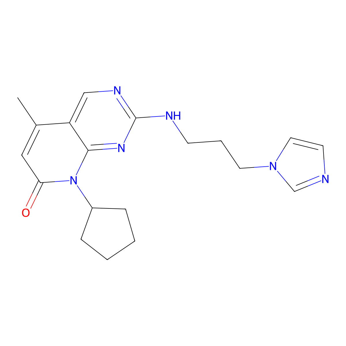 8-cyclopentyl-2-{[3-(1H-imidazol-1-yl)propyl]amino}-5-methyl-7H,8H-pyrido[2,3-d]pyrimidin-7-one molecular structure, CAS 3054597-88-2