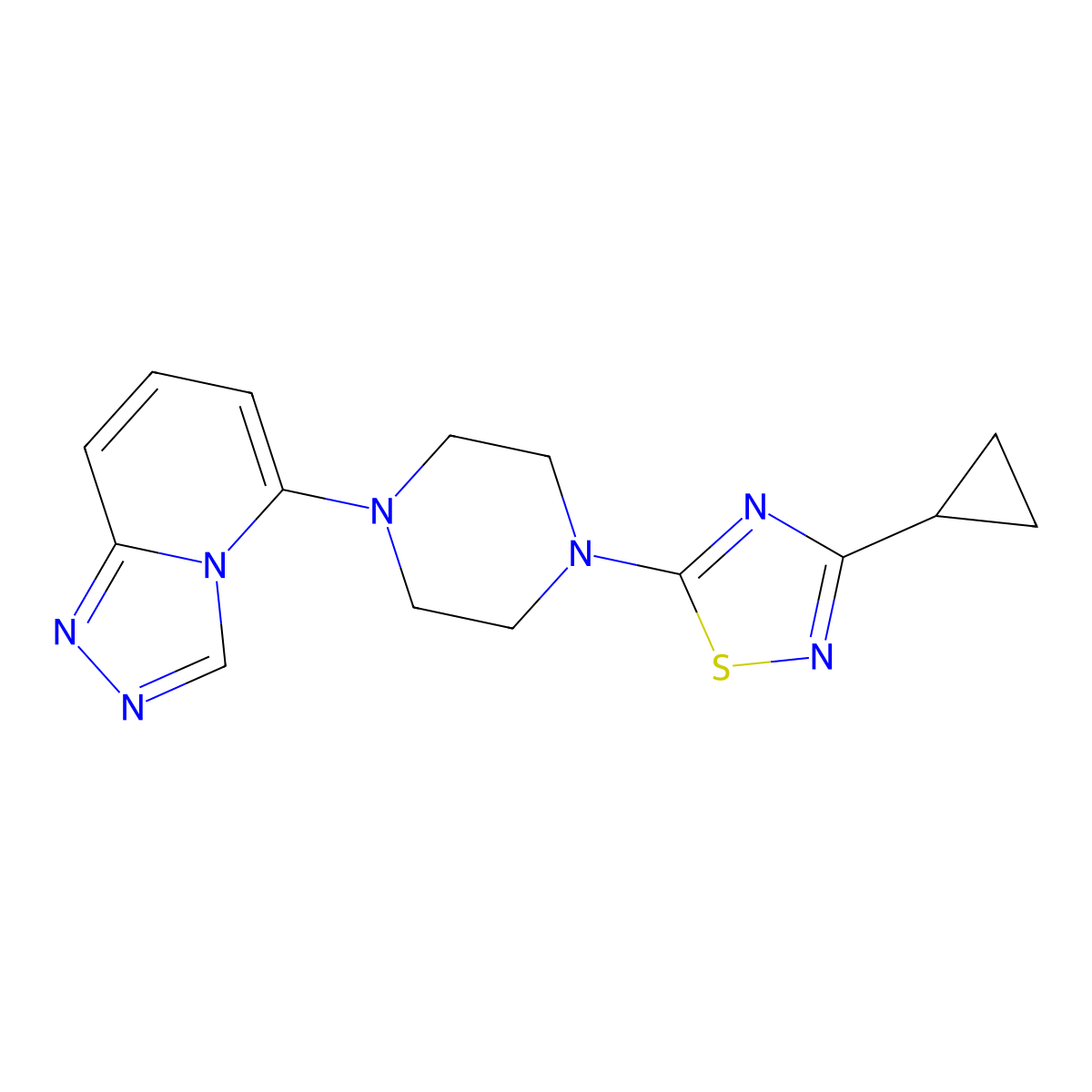 1-(3-Cyclopropyl-1,2,4-thiadiazol-5-yl)-4-{[1,2,4]triazolo[4,3-a]pyridin-5-yl}piperazine molecular structure, CAS 3054598-08-9